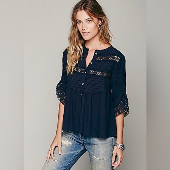 Free People Tops - Free People Pintuck Crochet Inset Button Down in Navy Size Small
